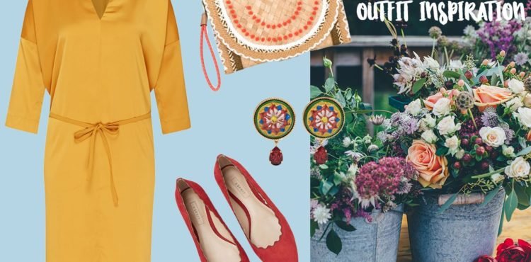 Outfit Collage mit gelbem Kleid für Hochzeitsgast